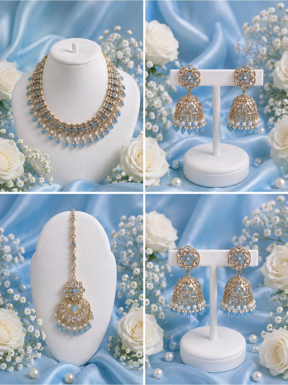 Gold and Light Blue Bridal Necklace & Jhumka Earring Set - Women Jewelry